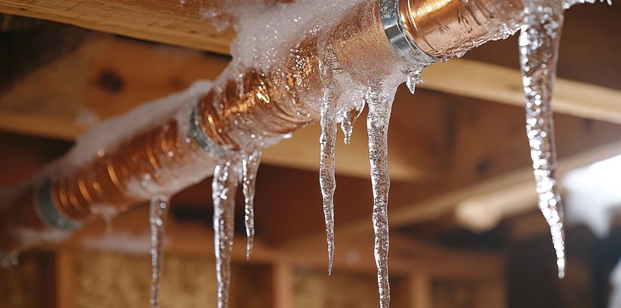 lose up of a frozen burst water pipe in a north american home with icicles forming