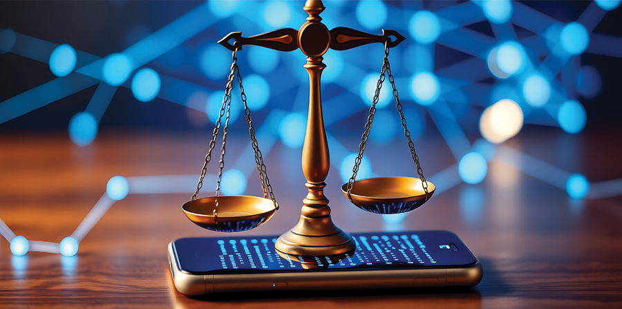 a balanced scale resting on a smartphone reflects the intersection of law and technology in a modern legal setting