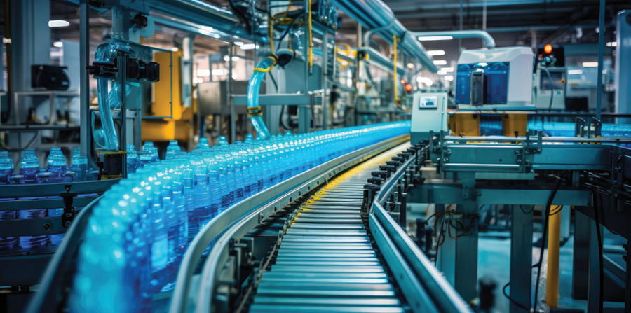 process of beverage manufacturing on a conveyor belt at a factory