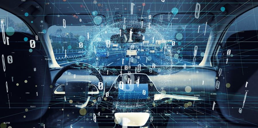 Interior of autonomous car. Car digitalization concept.