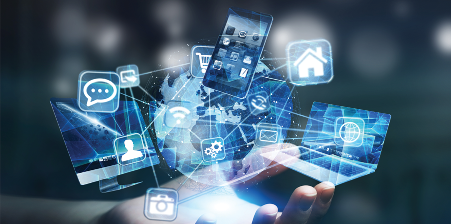 tech devices and icons connected to digital planet earth