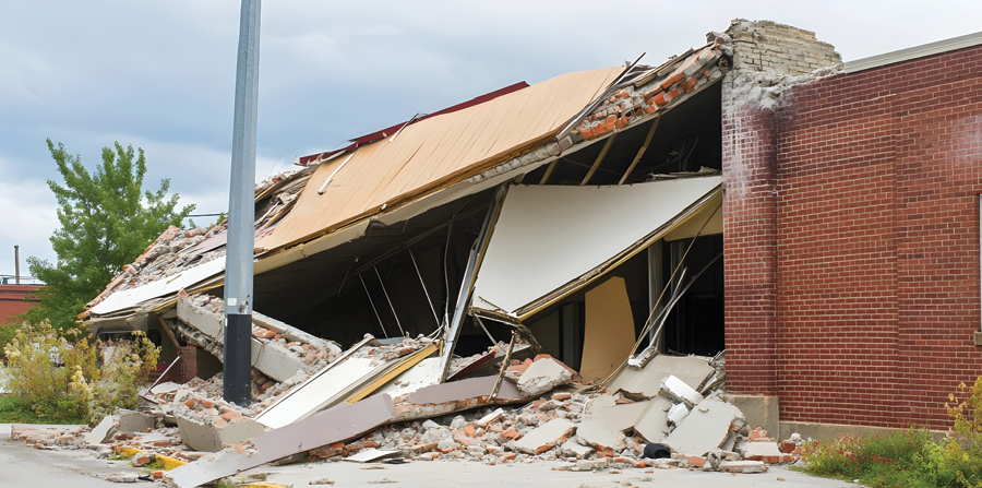 the devastating aftermath of a natural disaster showcasing a completely collapsed brick building with a caved in roof and rubble scattered around
