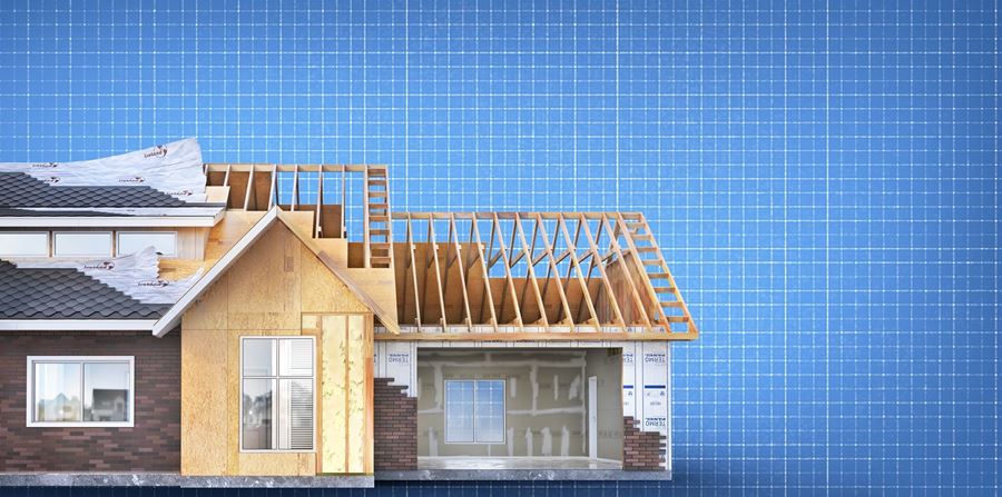 unfinished frame house on a blueprint background 3d illustration