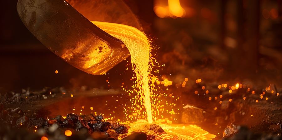 molten steel pouring from an industrial furnace in a metalworking factory
